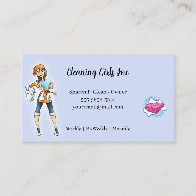 Cartoon Girl House Cleaning Service Business Card (Front)