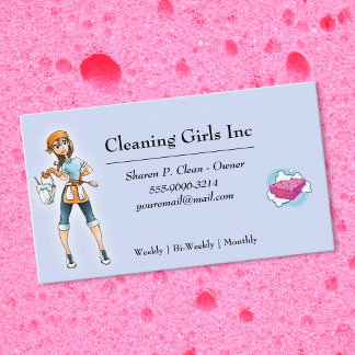 Cartoon Girl House Cleaning Service Business Card