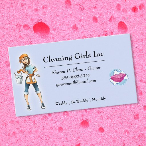 Customizable Cartoon Girl House Cleaning Service Business Card