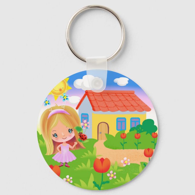 Cartoon girl in a magic garden and house poster keychain (Front)