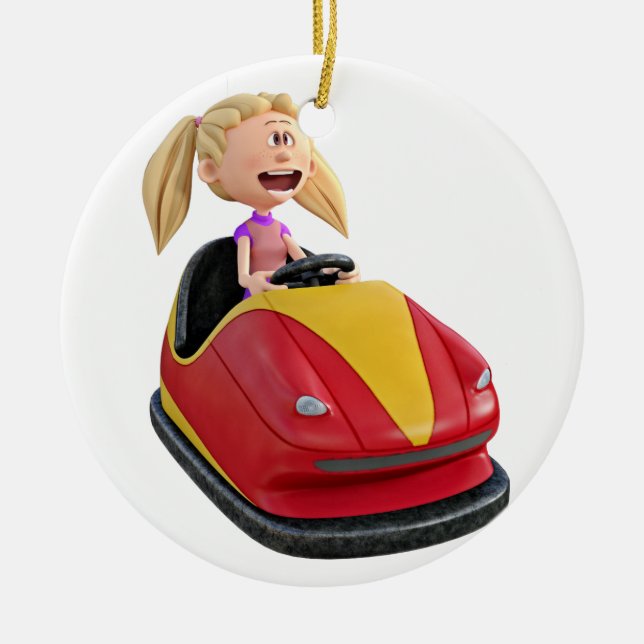 Cartoon Girl n a Bumper Car Ceramic Ornament (Front)