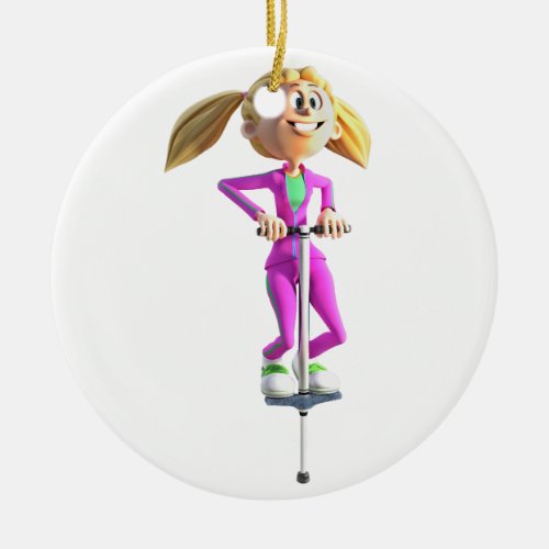 Cartoon Girl on a Pogo Stick Ceramic Ornament