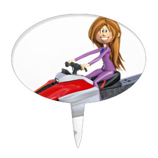 Cartoon Girl on a Snowmobile Cake Topper