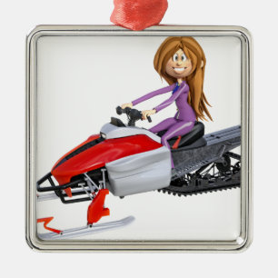 Cartoon Girl on a Snowmobile Metal Ornament