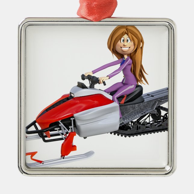 Cartoon Girl on a Snowmobile Metal Ornament (Front)