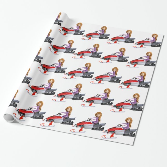 Cartoon Girl on a Snowmobile Wrapping Paper (Unrolled)