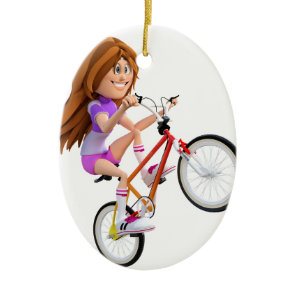 Cartoon Girl on Bike Doing A Wheelie Ceramic Ornament