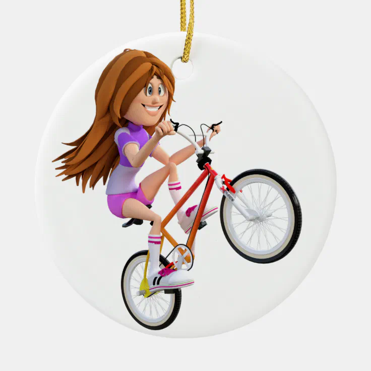 Cartoon Girl on Bike Doing A Wheelie Ceramic Ornament | Zazzle