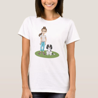 Cartoon Girl &amp; Tricolor Cavalier Dog Illustration T-Shirt
