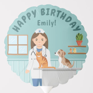 Cartoon Girl Veterinarian Cute Happy Birthday Balloon