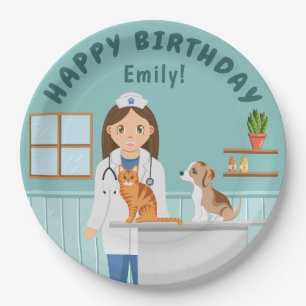 Cartoon Girl Veterinarian Teal Happy Birthday Paper Plates
