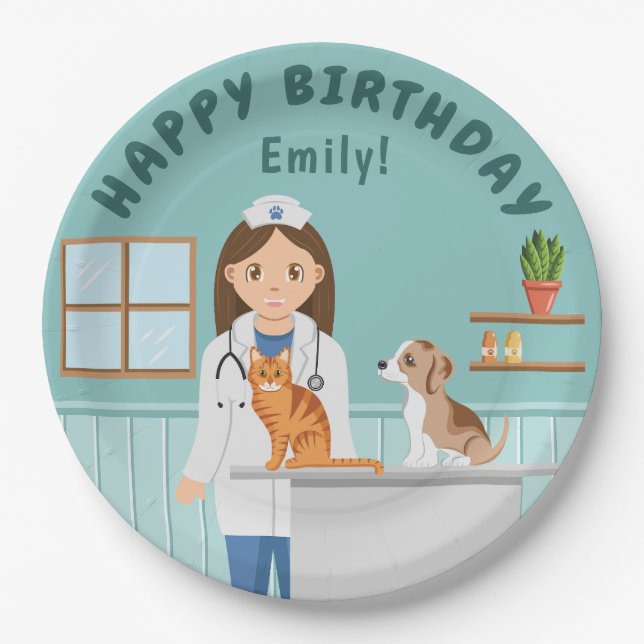Cartoon Girl Veterinarian Teal Happy Birthday Paper Plates (Front)