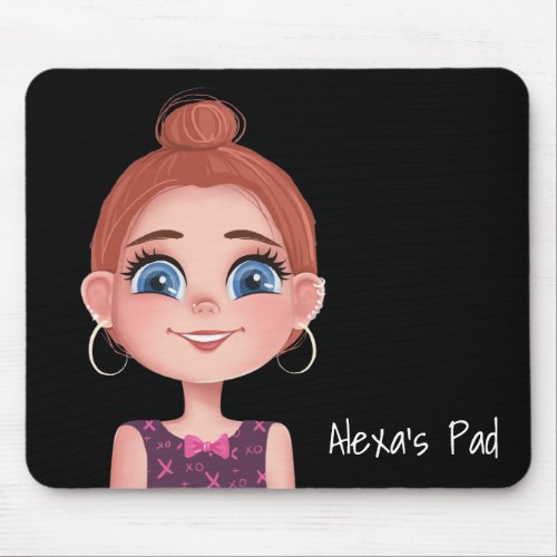 Cartoon Girl with Big Eyes on Black Mouse Pad