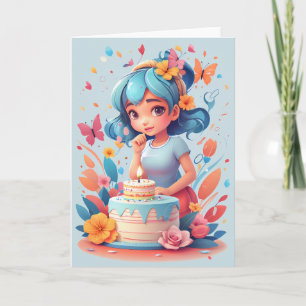 Cartoon girl with birthday cake Card