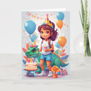 Cartoon girl with birthday cake & dinosaur card