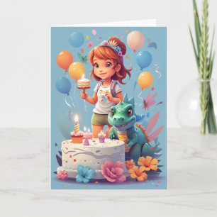 Cartoon girl with birthday cake & dinosaur card
