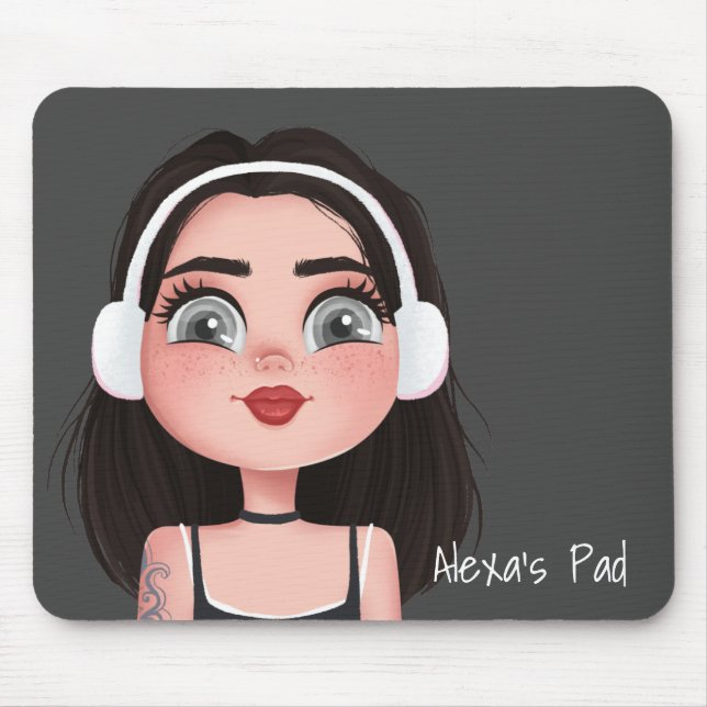 Cartoon Girl with Headphones on Gray Mouse Pad (Front)