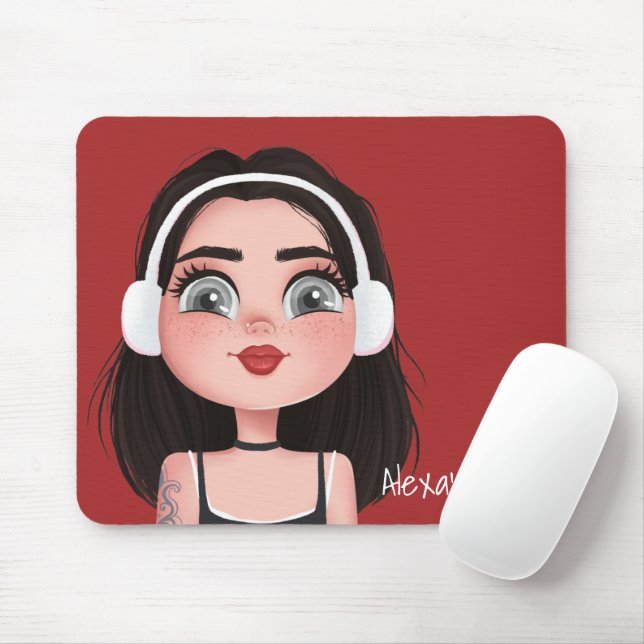 Cartoon Girl with Headphones on Red Mouse Pad (With Mouse)