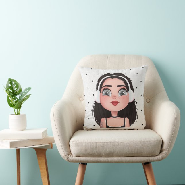 Cartoon Girl With Headphones Throw Pillow (Chair)
