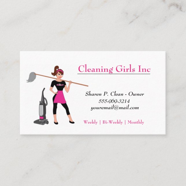 Cartoon Girl With Mop House Cleaning Service  Business Card (Front)