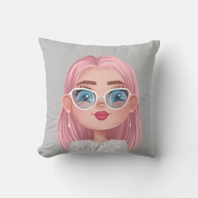 Cartoon Girl with Pink Hair Throw Pillow (Front)