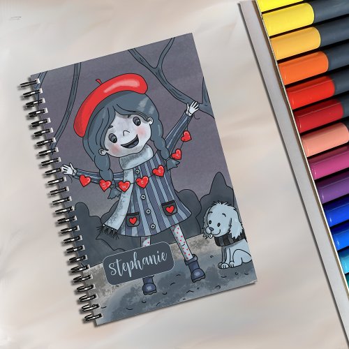 Cartoon Girl with Red Heart Garland Sketchbook  Notebook