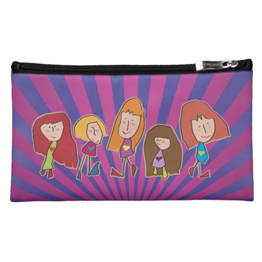 Cartoon Girls on Purply Blue Stripes Wristlet