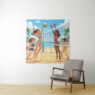 Cartoon Girls Playing Beach Volleyball Tapestry