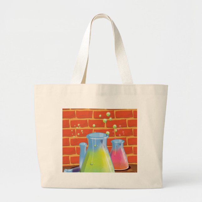 Cartoon Glass Science equipment on a bench Large Tote Bag (Front)