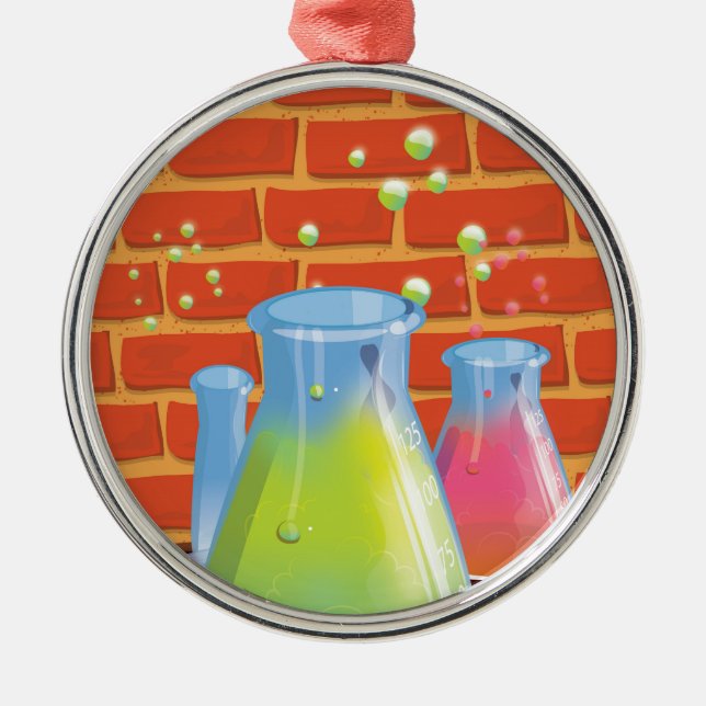 Cartoon Glass Science equipment on a bench Metal Ornament (Front)