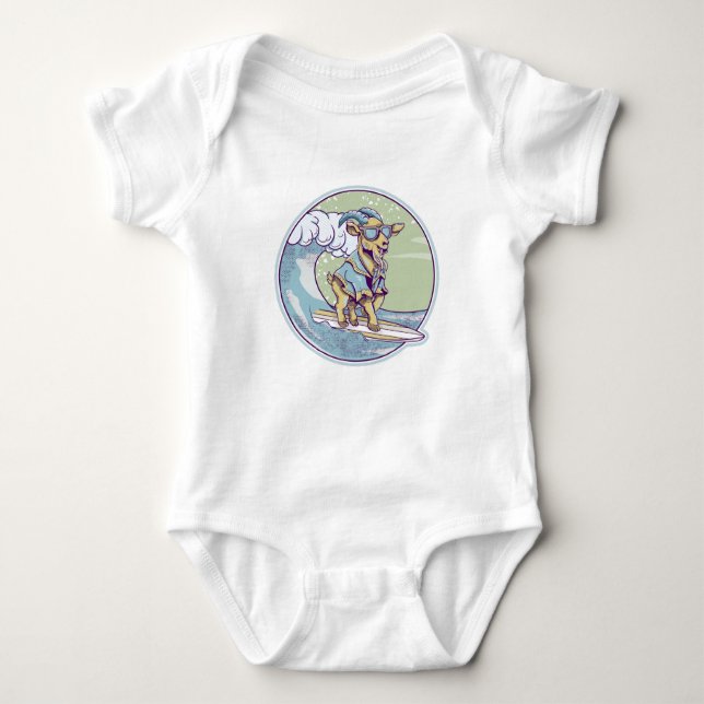 Cartoon goat on a surfboard baby bodysuit (Front)