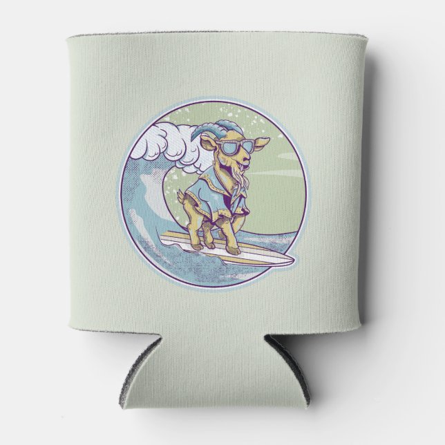 Cartoon goat on a surfboard can cooler (Front)