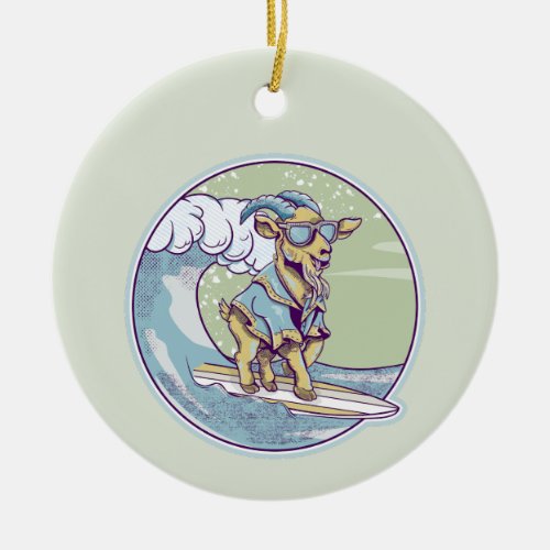 Cartoon goat on a surfboard ceramic ornament