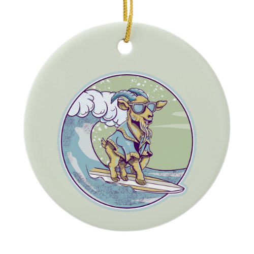 Cartoon goat on a surfboard ceramic ornament