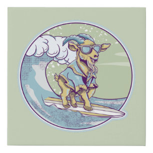 Cartoon goat on a surfboard faux canvas print