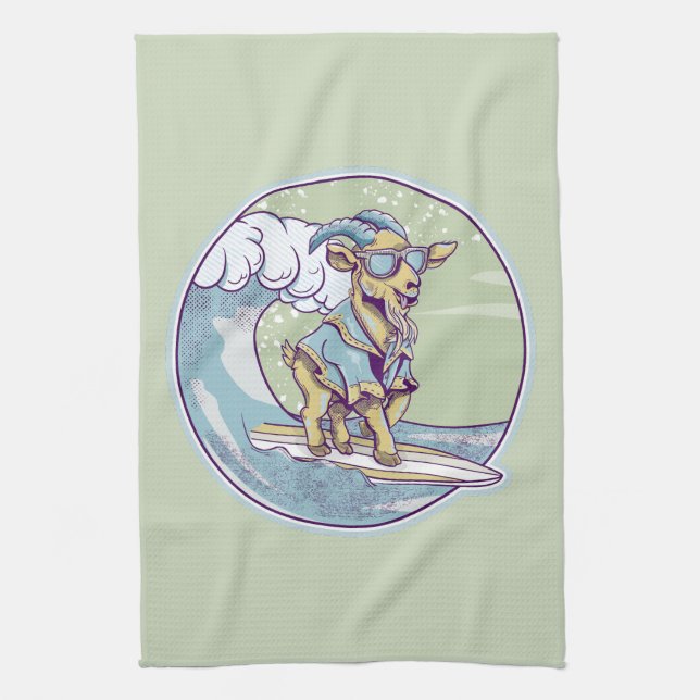 Cartoon goat on a surfboard kitchen towel (Vertical)