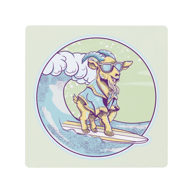 Cartoon goat on a surfboard metal print (Front)