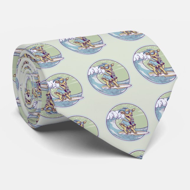 Cartoon goat on a surfboard neck tie (Rolled)