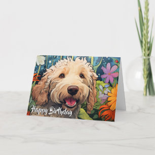 Cartoon Goldendoodle in a Garden Custom Card