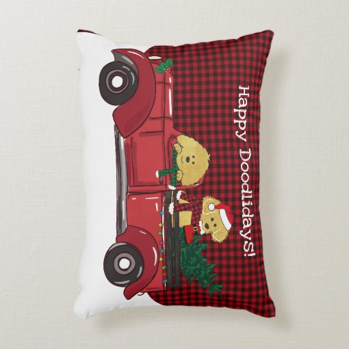 Cartoon Goldendoodles Red Christmas Truck Accent Pillow Zazzle