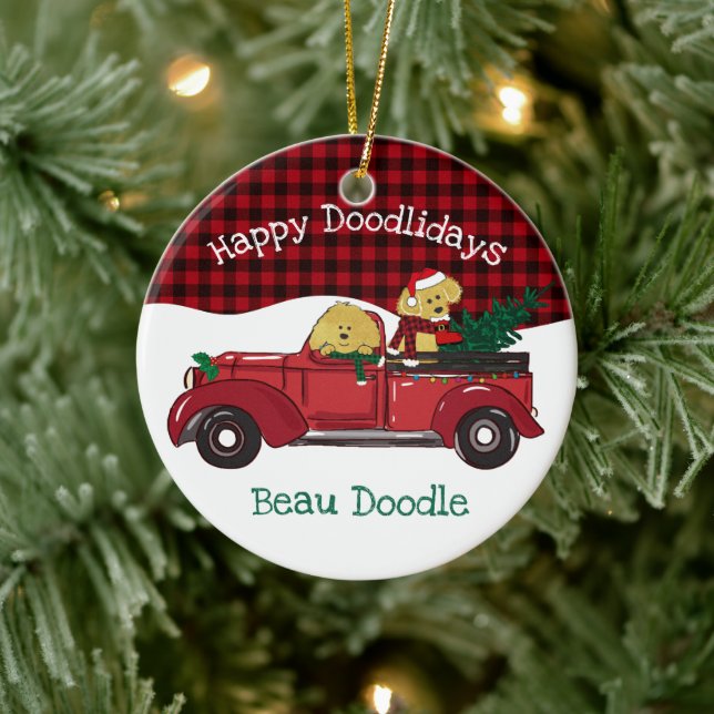 Cartoon Goldendoodles Red Christmas Truck Ceramic Ornament (Tree)