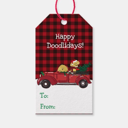 Cartoon Goldendoodles Red Christmas Truck Gift Tags