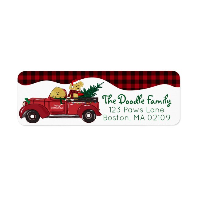 Cartoon Goldendoodles Red Christmas Truck Label (Front)