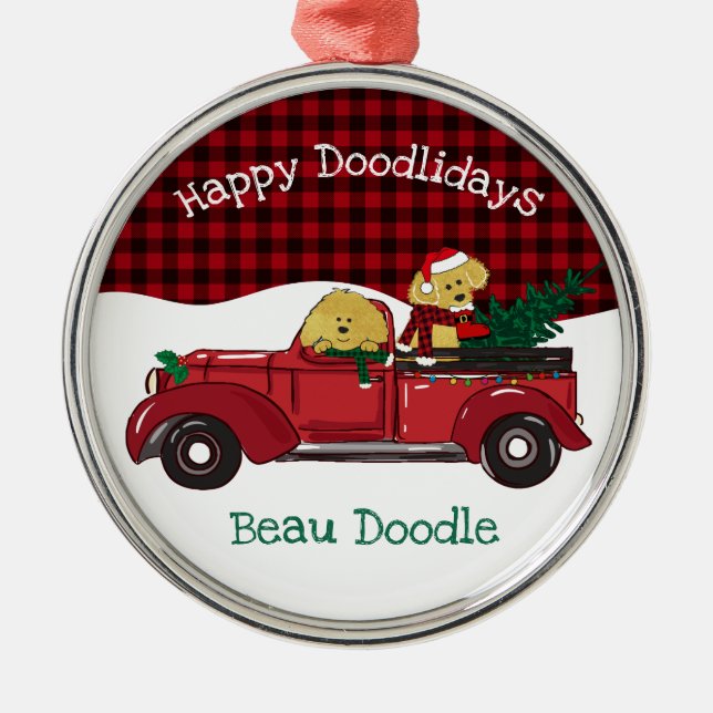 Cartoon Goldendoodles Red Christmas Truck Metal Ornament (Front)