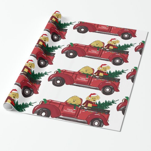 Cartoon Goldendoodles Red Christmas Truck Wrapping Paper