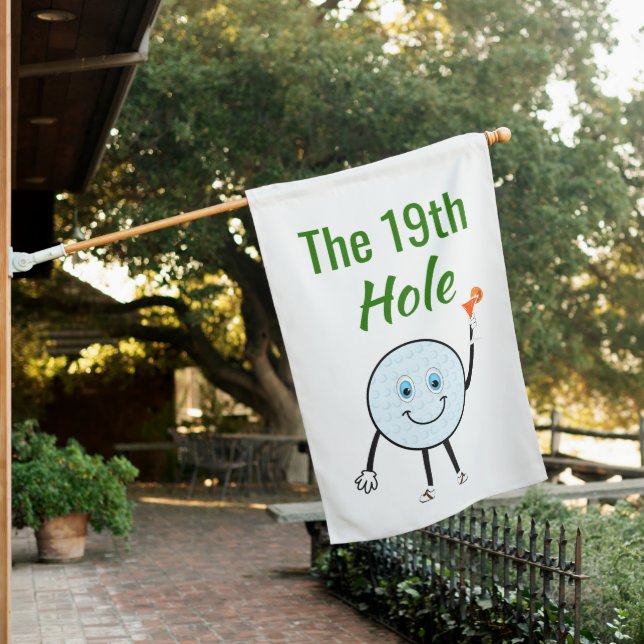 Cartoon Golf Ball Holding Orange Martini Cocktail House Flag (In SItu)