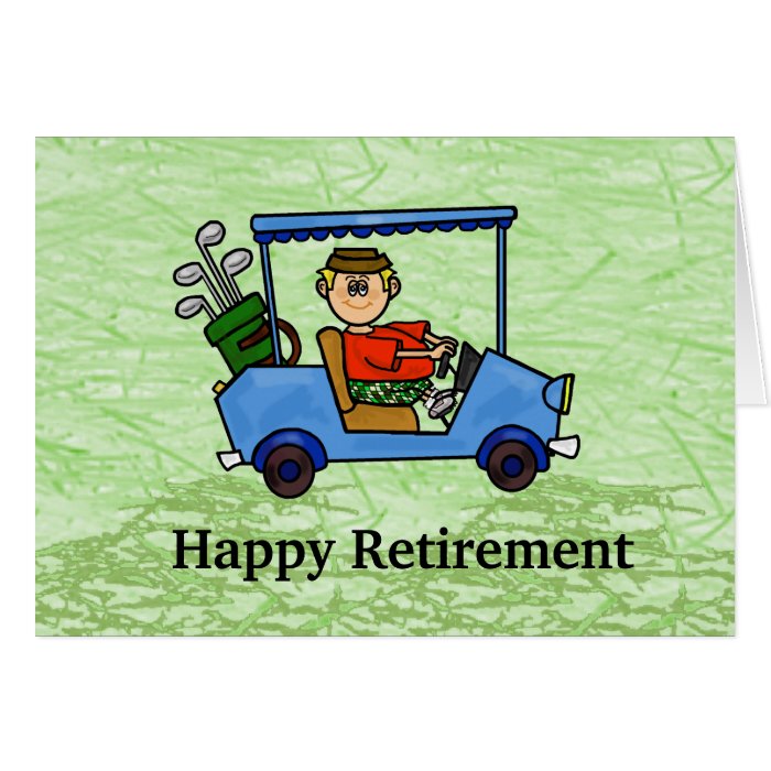 Cartoon Golfer in Cart Retirement Card