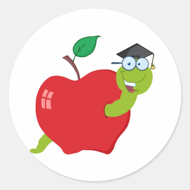 Cartoon Graduate Worm In Apple Classic Round Sticker (Front)