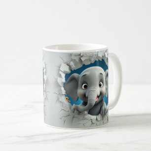 Cartoon Gray Elephant Breaking Through Light Gray Coffee Mug