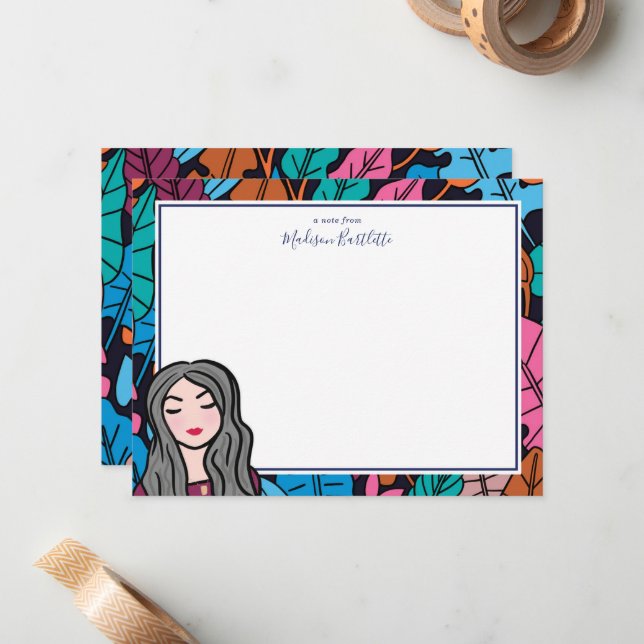 Cartoon Gray Hair Lady Personal Note Card (Front/Back In Situ)